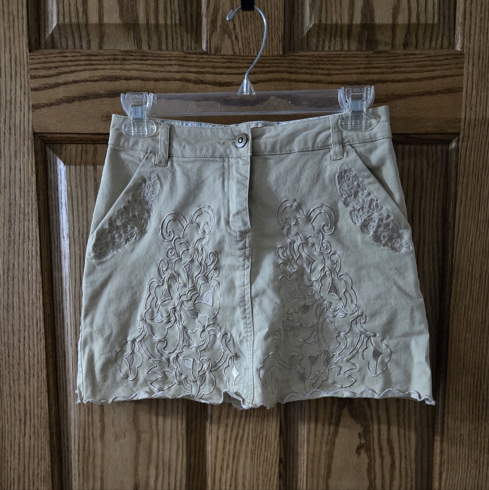 Embroidered Tan Mini Skirt